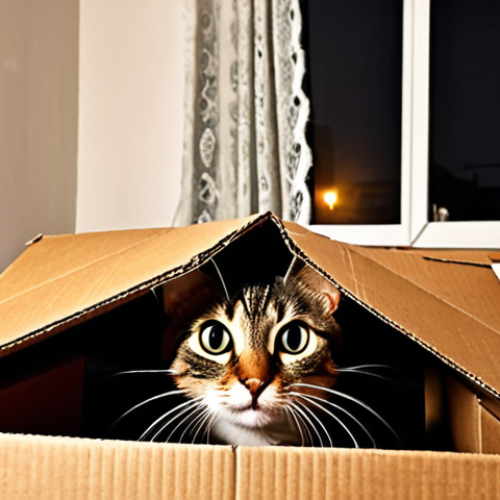 **

Prompt: A stressed cat hiding in a cardboard box, with wide eyes and flattened ears, in a dimly lit room. Show subtle signs of anxiety like a twitching tail. The background should suggest a typical Polish apartment with elements like a "firanka" (lace curtain) and perhaps a "czajnik" (kettle) on the stove.

**
