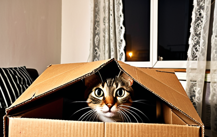 **
Prompt: A stressed cat hiding in a cardboard box, with wide eyes and flattened ears, in a dimly lit room. Show subtle signs of anxiety like a twitching tail. The background should suggest a typical Polish apartment with elements like a "firanka" (lace curtain) and perhaps a "czajnik" (kettle) on the stove.
**